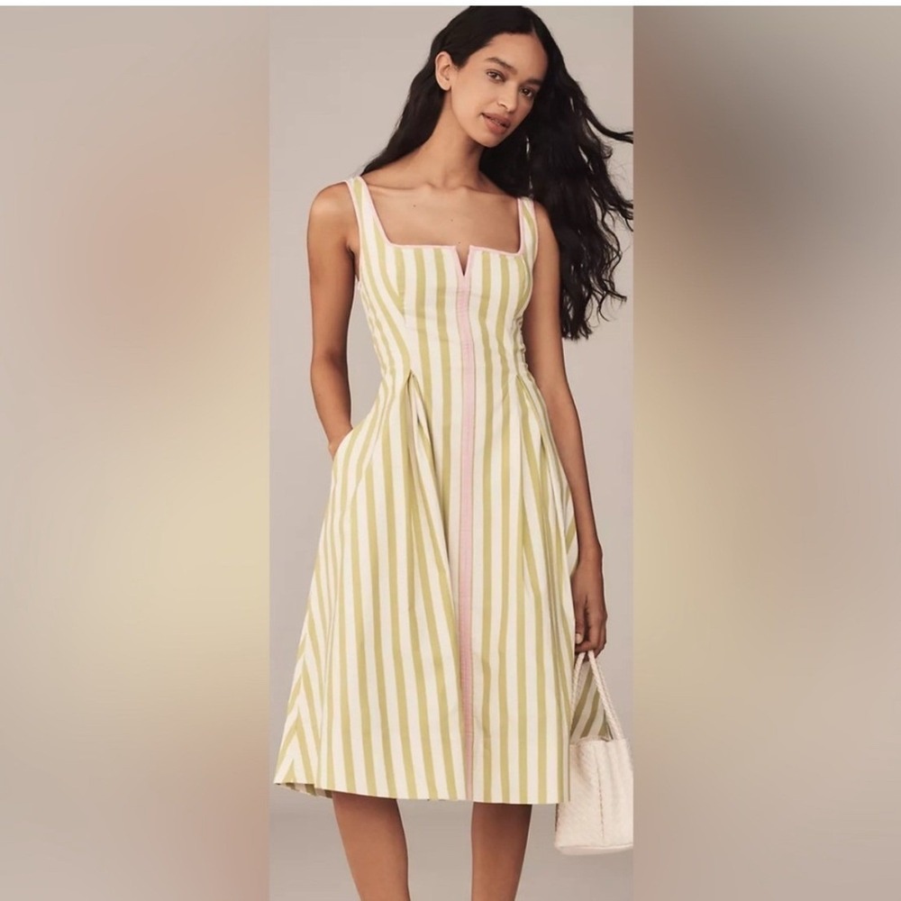 Maeve Anthropologie Sleeveless Notched Square Neck Midi Dress Striped S
